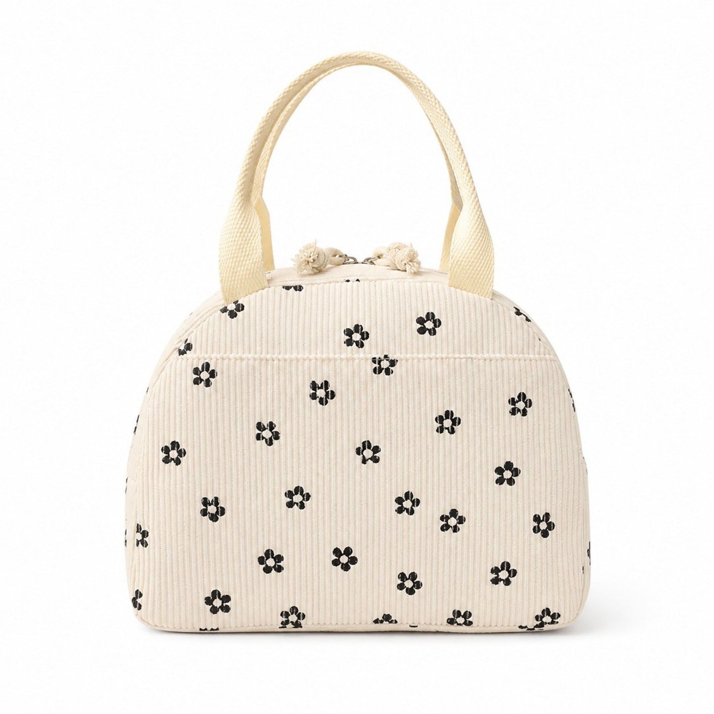 Heart Print Corduroy Insulated Lunch Bag with Handles and Zip Closure