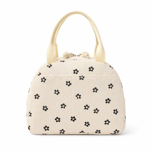 Heart Print Corduroy Insulated Lunch Bag with Handles and Zip Closure