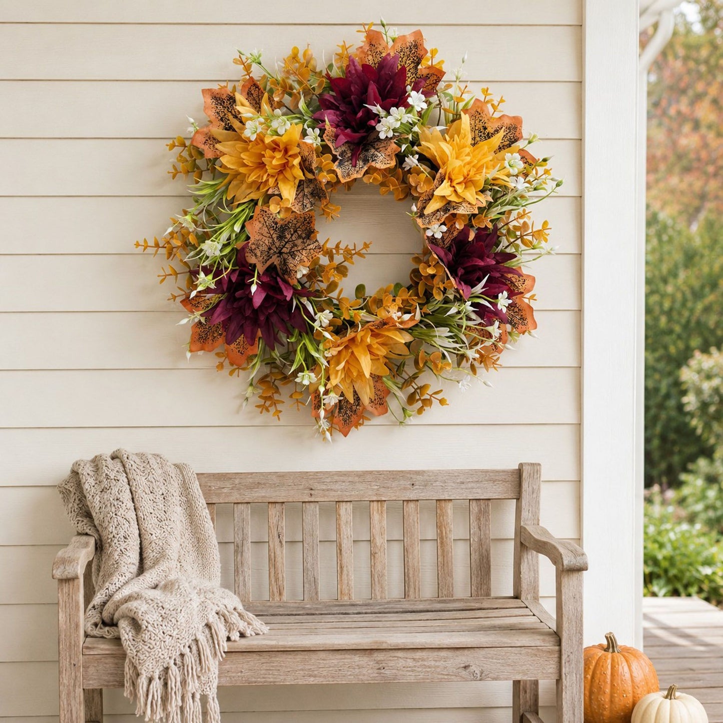 Fall Pumpkin Floral Wreath with Maple Leaves for Front Door Decor