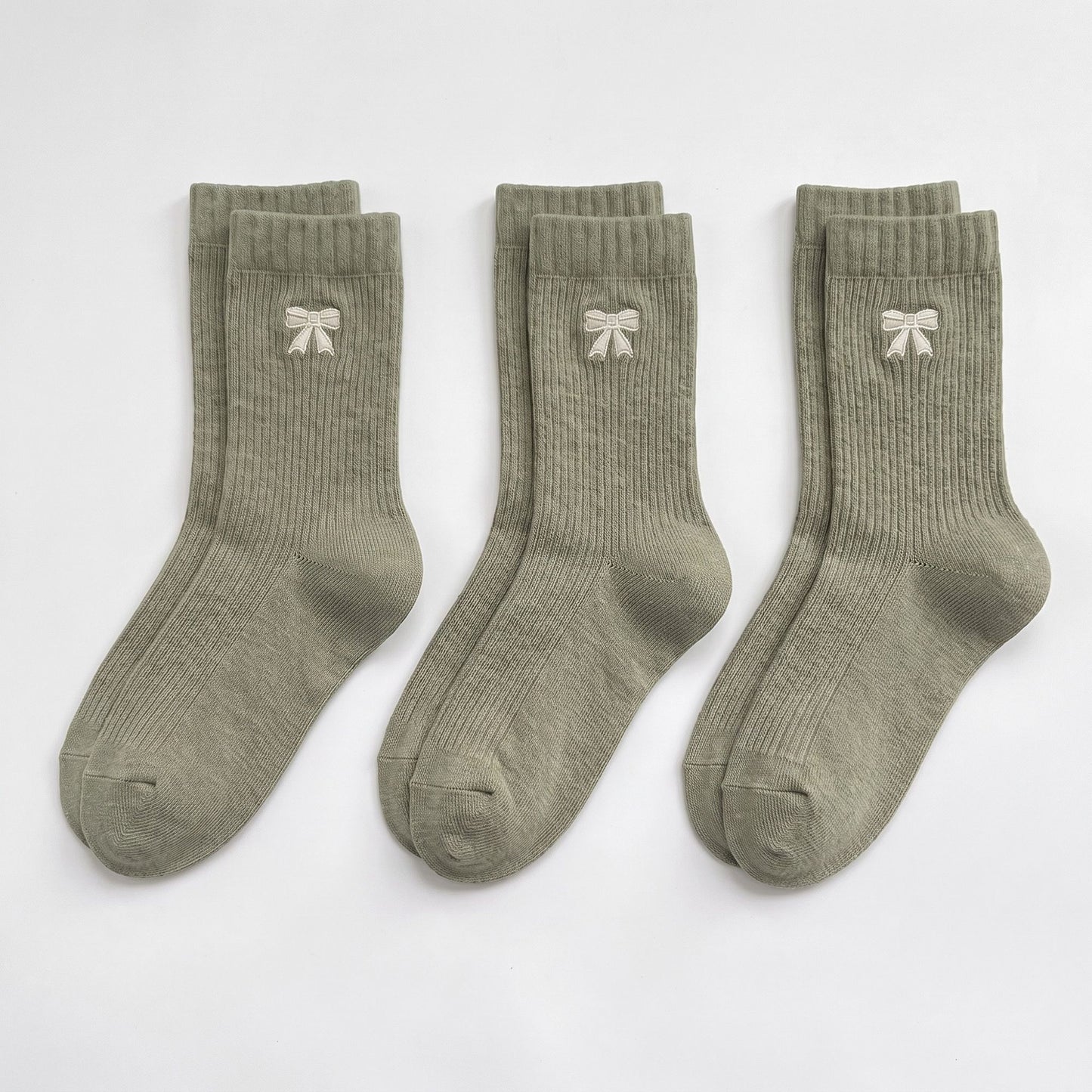 3-Pair Bow Embroidered Crew Socks Set, Ribbed Knit Casual Hosiery