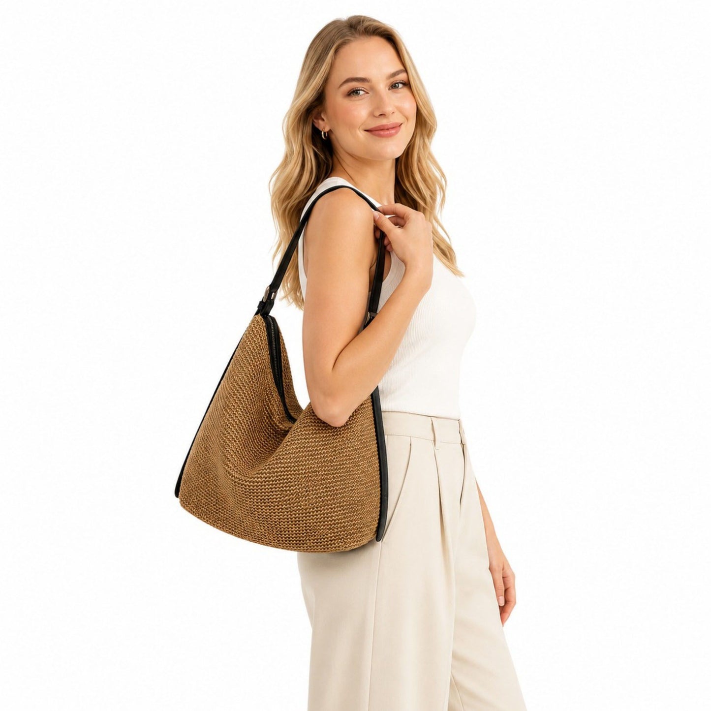 Woven Hobo Shoulder Bag with Zip Top and Large Capacity