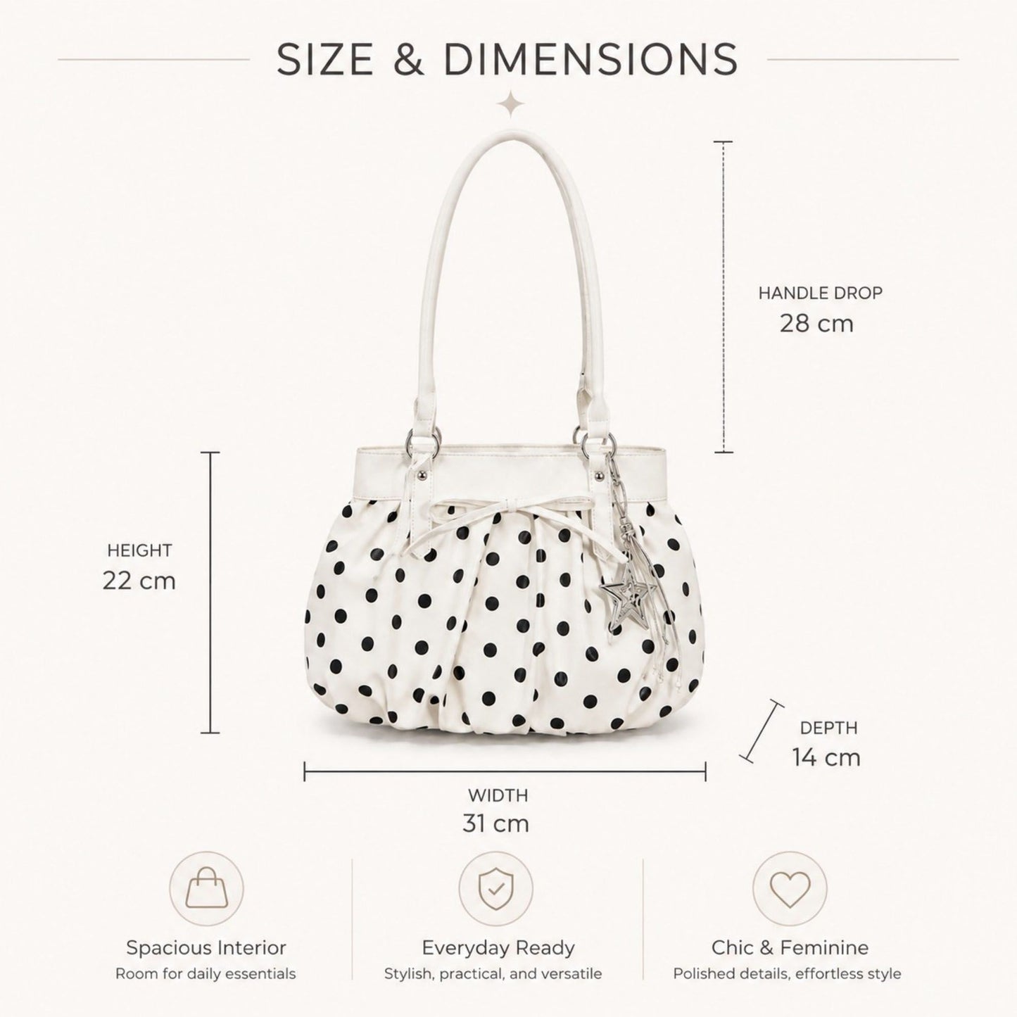 Polka Dot Ruched Shoulder Bag with Bow Detail and Metal Charm
