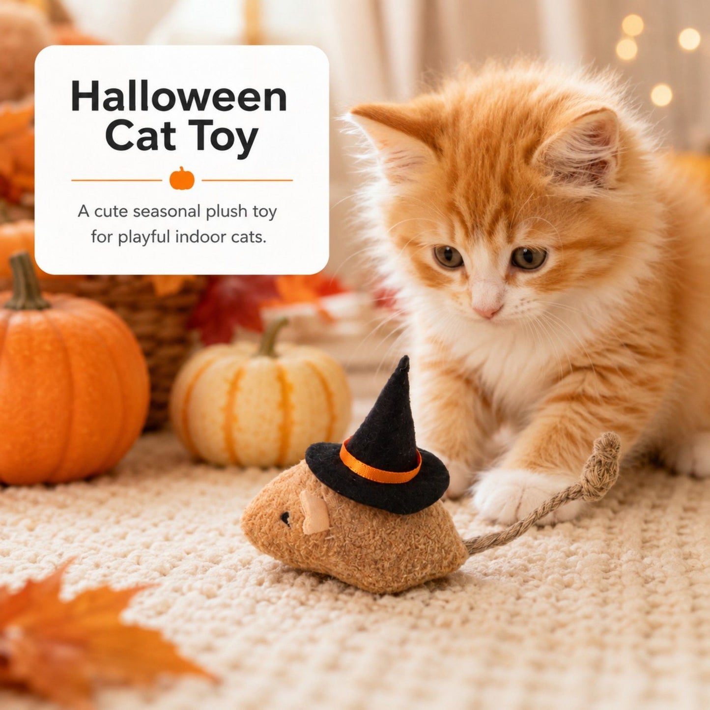 Halloween Witch Mouse Cat Toy with Soft Plush Body and Rope Tail