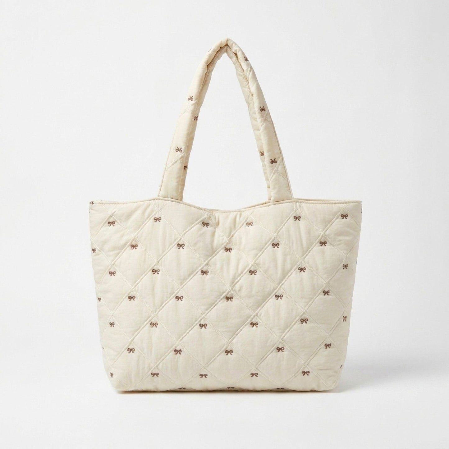 Quilted Tote Bag Large Capacity Shoulder Bag with Bow Embroidery and Magnetic Closure
