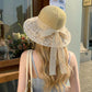 Crochet Sun Hat with Lace Bow Accent and Embroidered Sheer Wide Brim