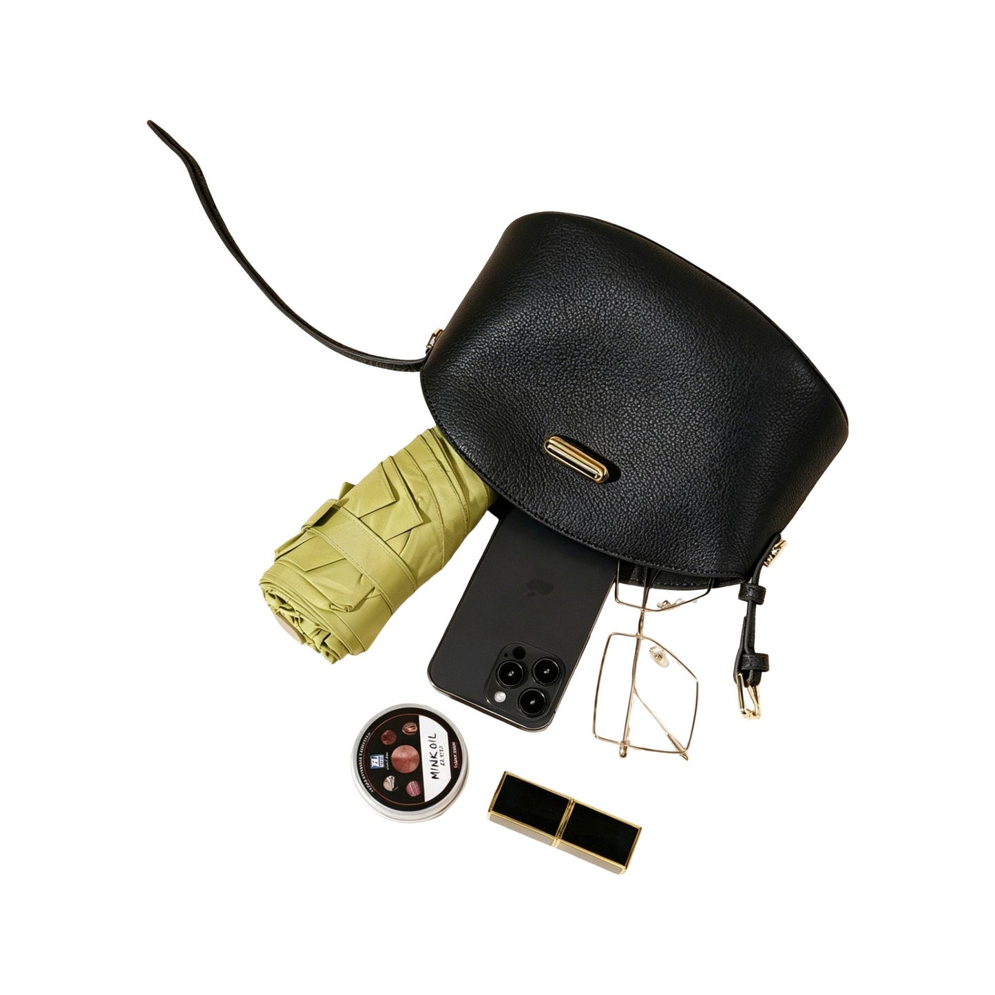 Curved Leather Mini Bag with Convertible Crossbody Strap and Foldover Turn Lock Closure