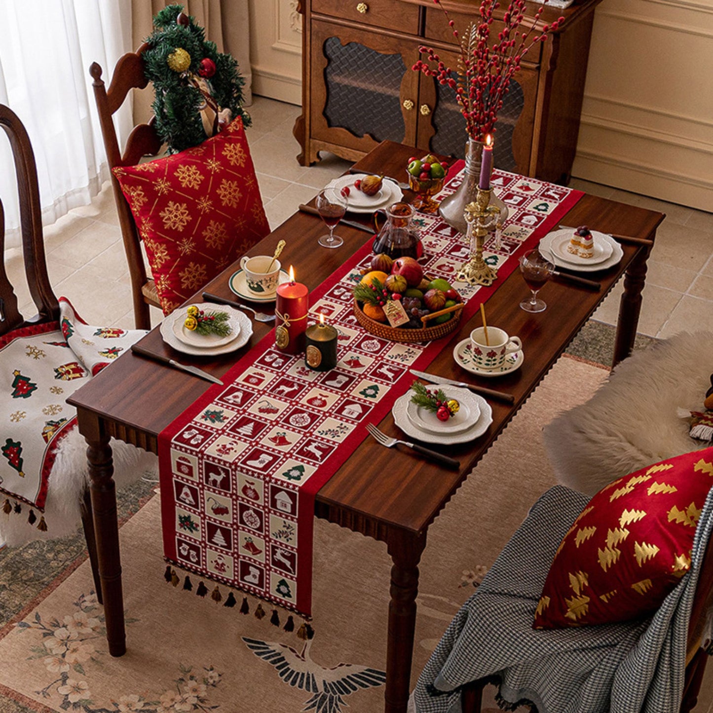 Christmas Patchwork Table Runner with Tassels for Holiday Dining Table Decor