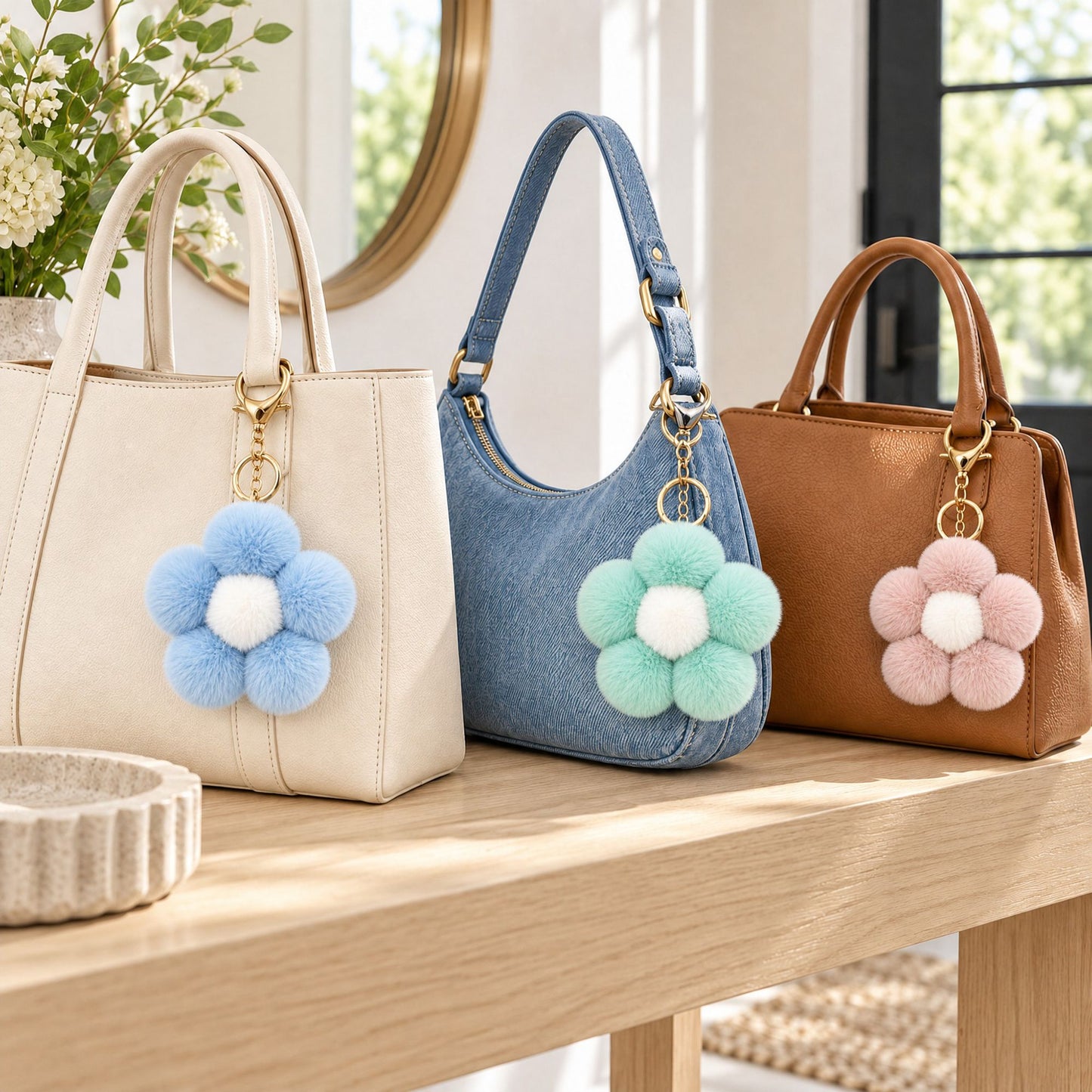 Fluffy Flower Pom Pom Keychain Cute Faux Fur Bag Charm Set