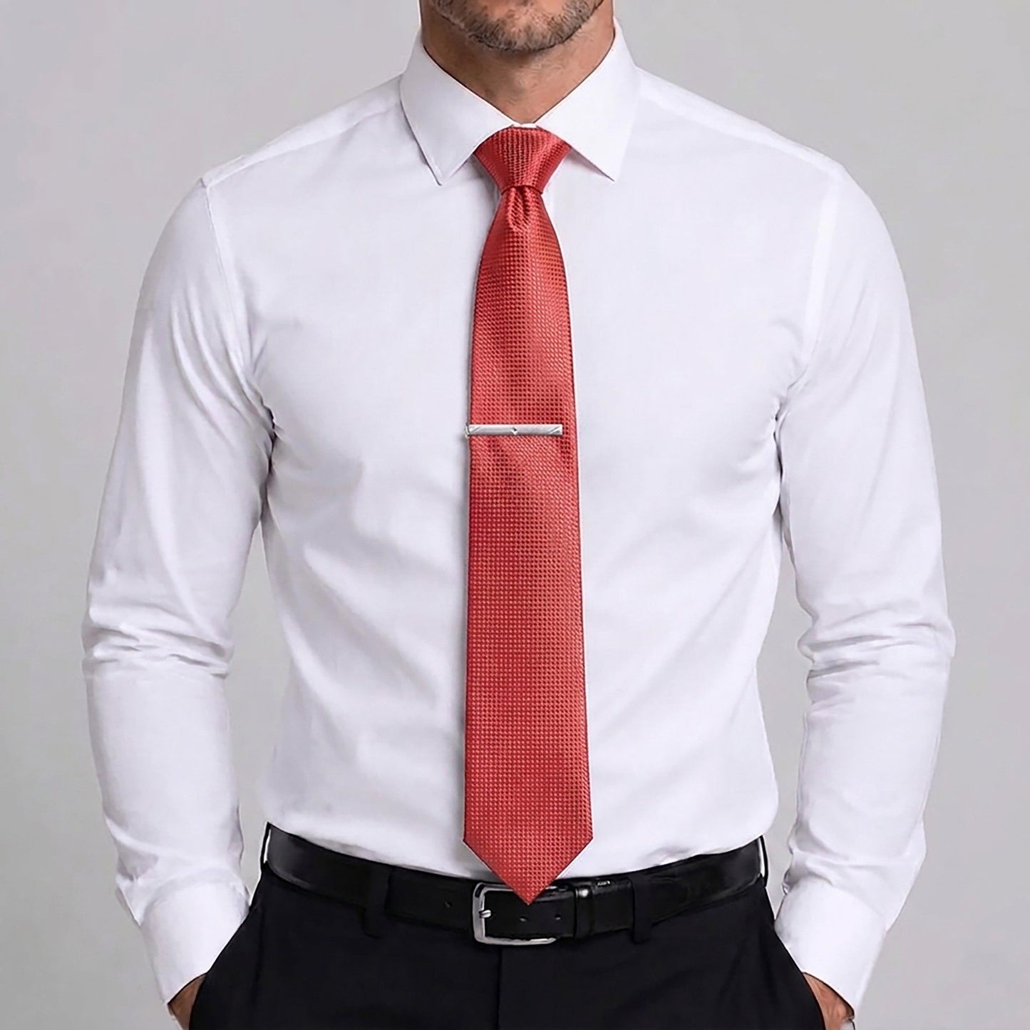 Men's Textured Solid Color Tie Gift Set with Matching Pocket Square Cufflinks and Silver Tie Clip