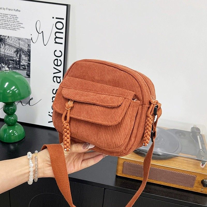 Corduroy Crossbody Bag with Front Pocket Adjustable Strap and Zip Closure