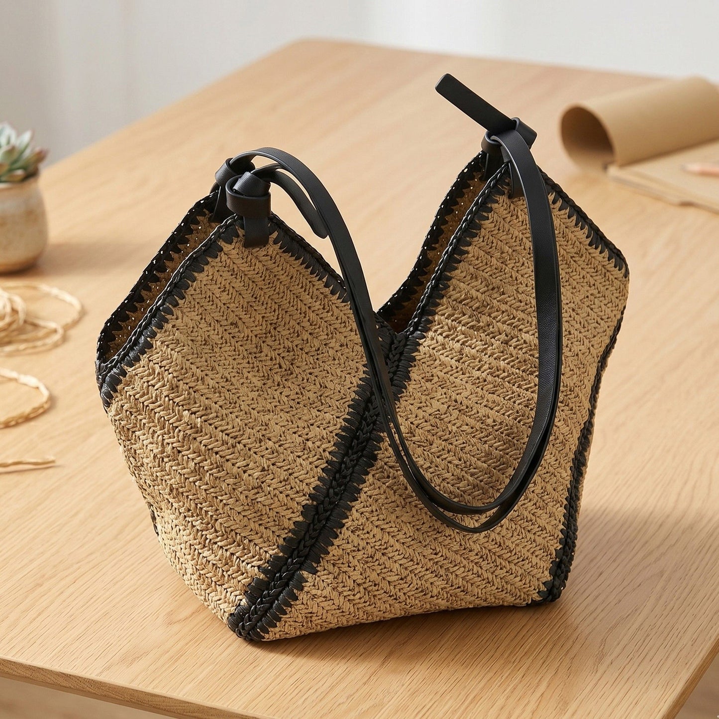 Woven Crochet Hobo Bag with Contrast Trim Slouchy Shoulder Handbag Lightweight Knit Tote