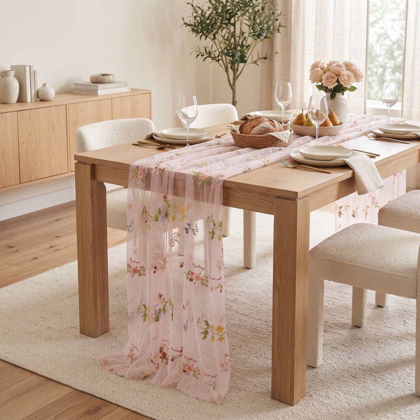 Sheer Floral Embroidered Table Runner 29.5x70.9in