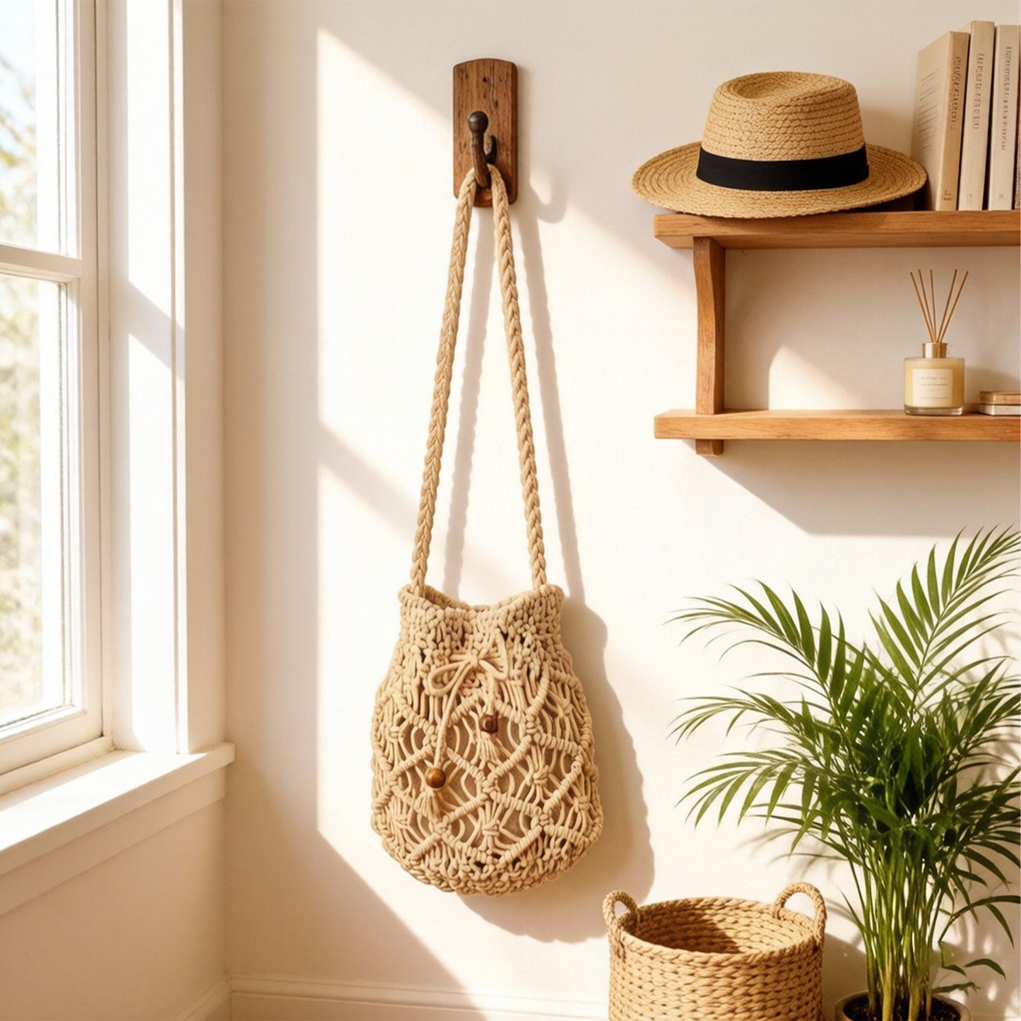 Open Knit Crochet Shoulder Bag with Drawstring Closure Lightweight Handwoven Mesh Tote Handbag