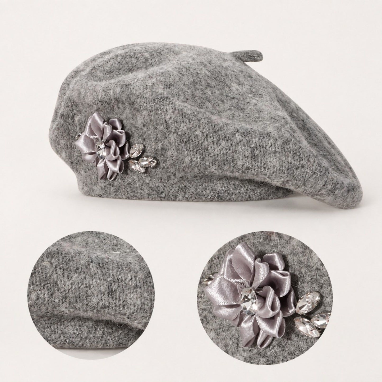 Rhinestone & Flower Embellished Knit Wool Beret