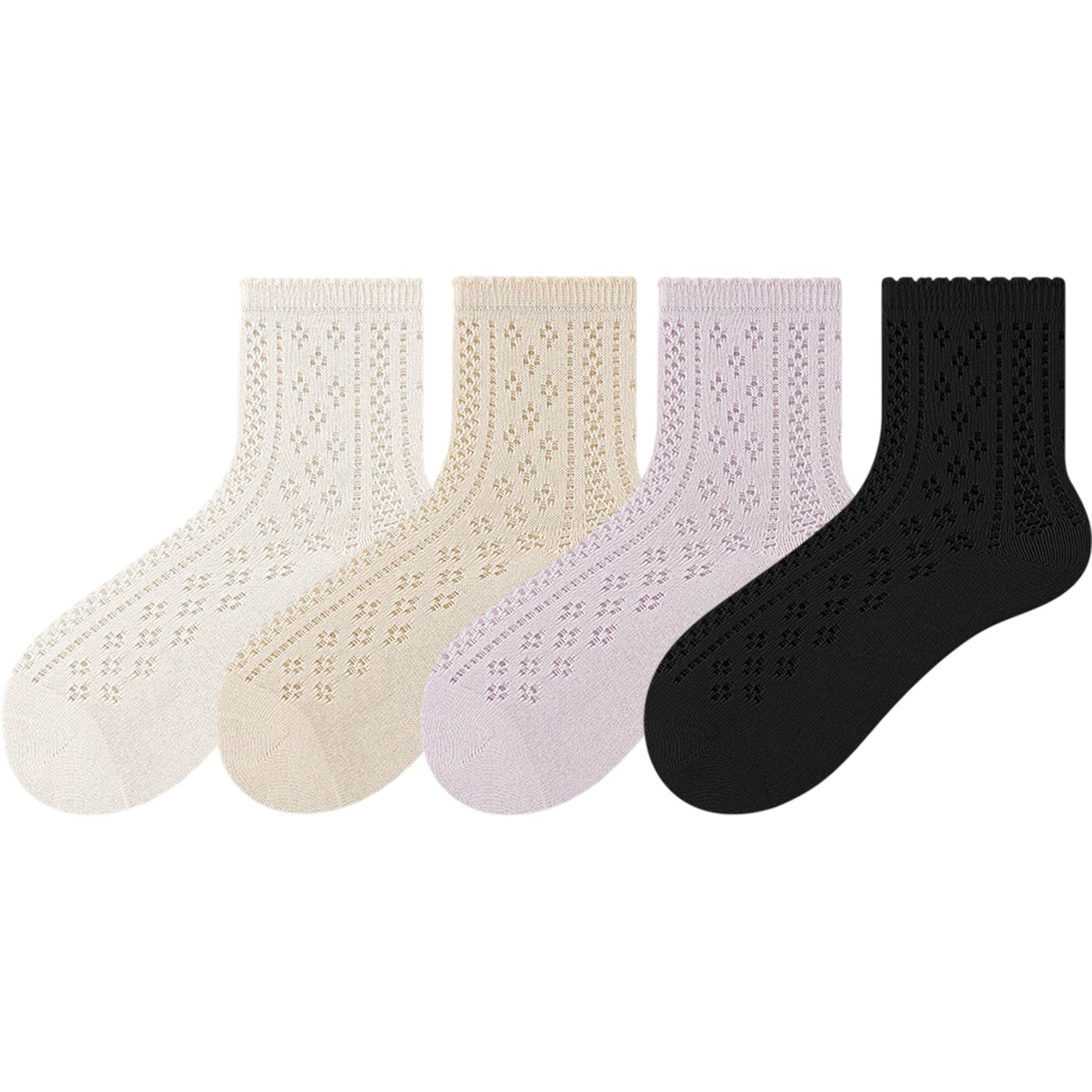 4 Pairs Women's Lace Knit Crew Socks Lightweight Breathable Mesh Style with Elastic Cuff in Assorted Patterns