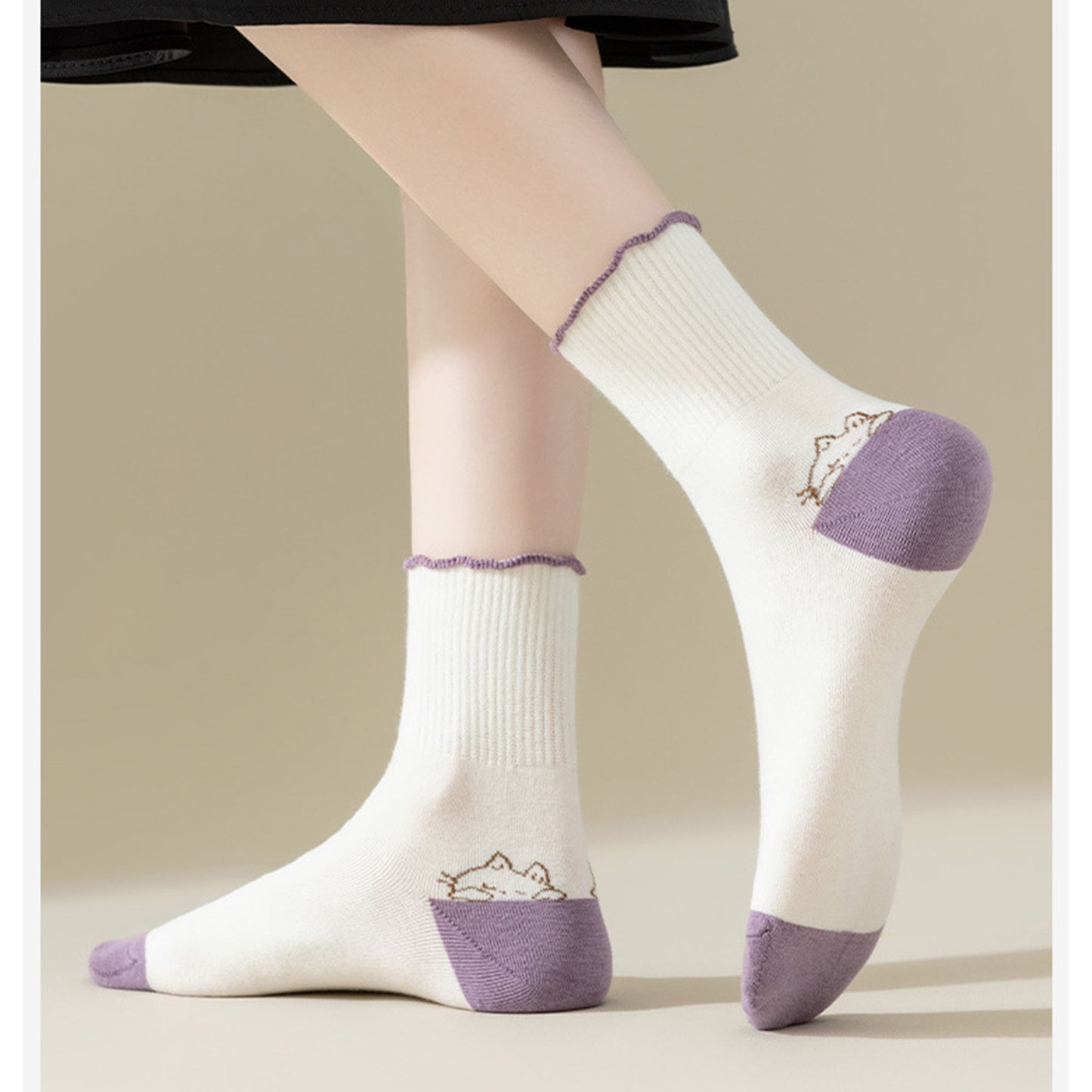 4 Pairs Mid-Crew Ruffle Trim Socks with Contrast Toe Heel and Cat Embroidery Design