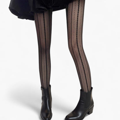 Sheer Vertical Stripe Tights with Scalloped Pattern Detailing and Stretch Fit