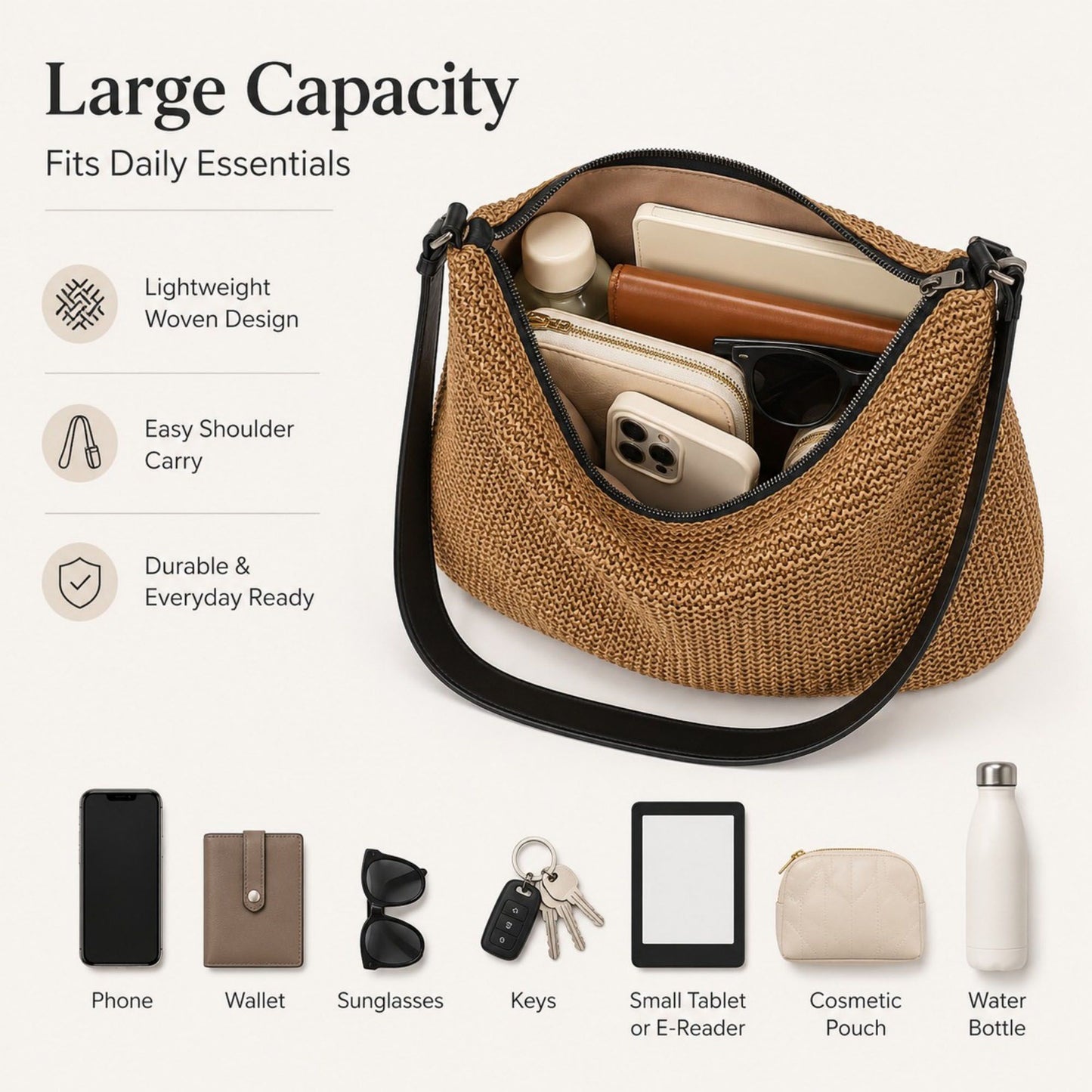 Woven Hobo Shoulder Bag with Zip Top and Large Capacity