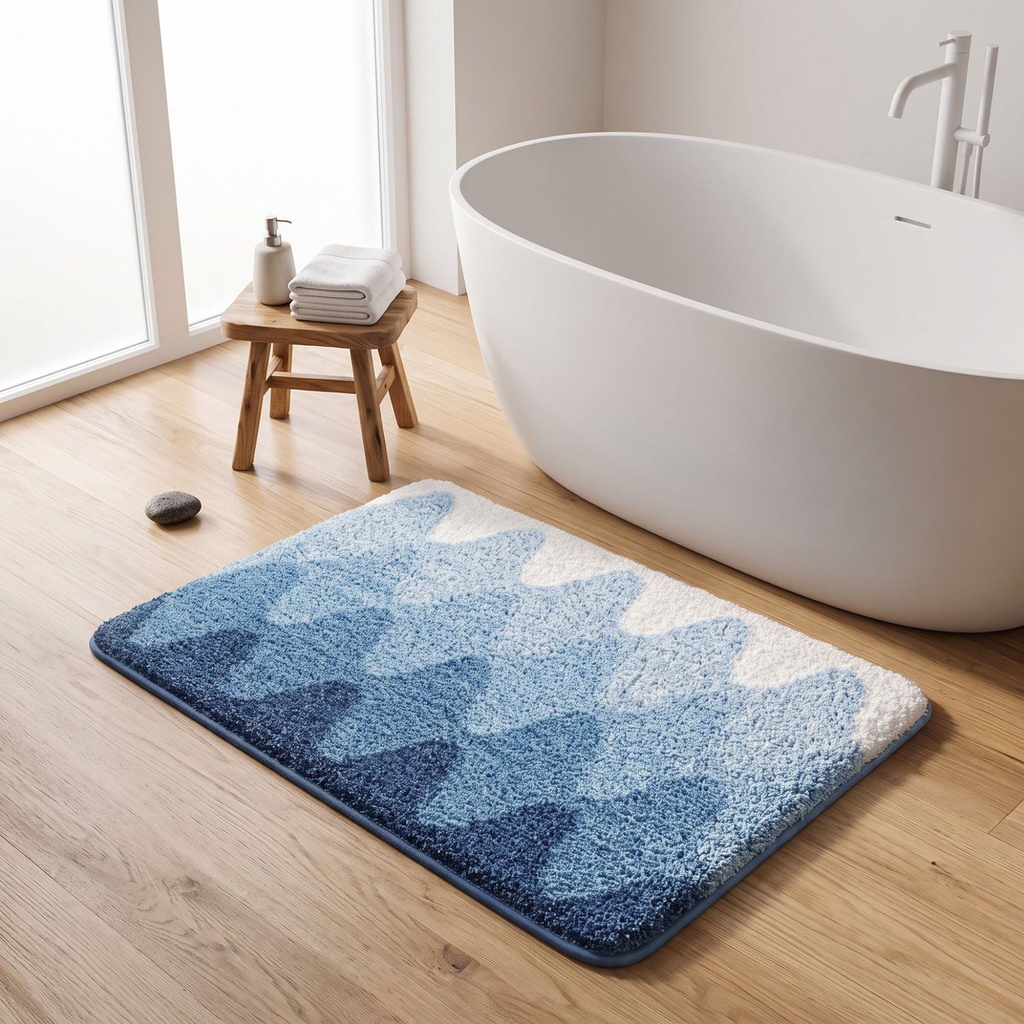 Blue Ombre Abstract Wave Plush Bathroom Mat with Soft Tufted Surface and Bound Edges