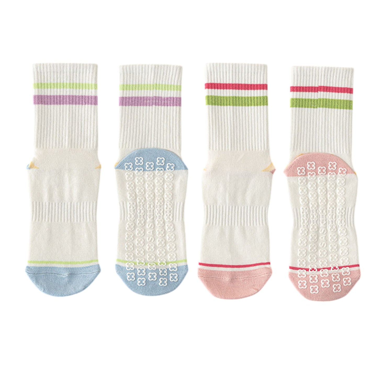 2-Pair Set Crew Athletic Socks with Striped Cuffs and Full Sole Grip for Yoga Fitness