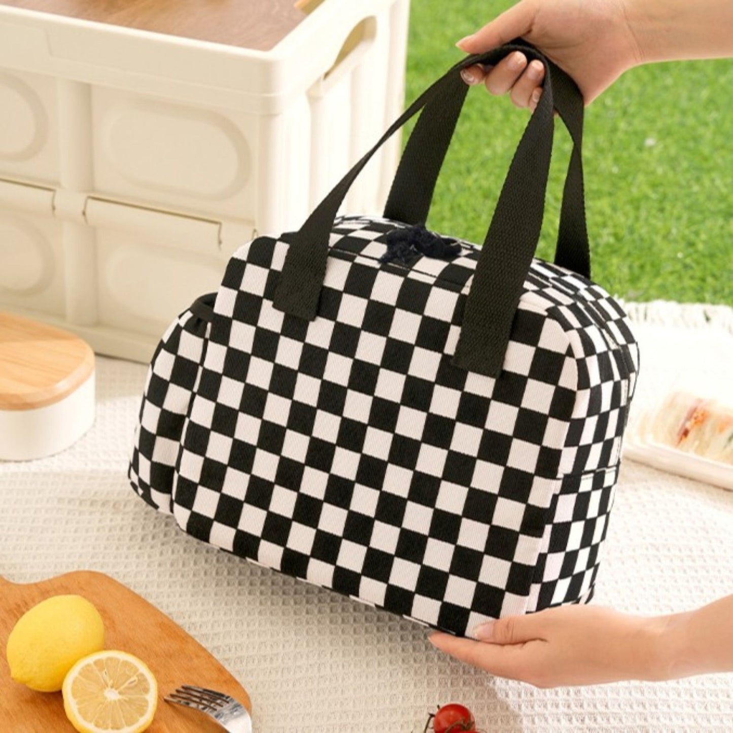 Checkered Insulated Lunch Bag Large Capacity Lunch Tote with Side Pockets for Work