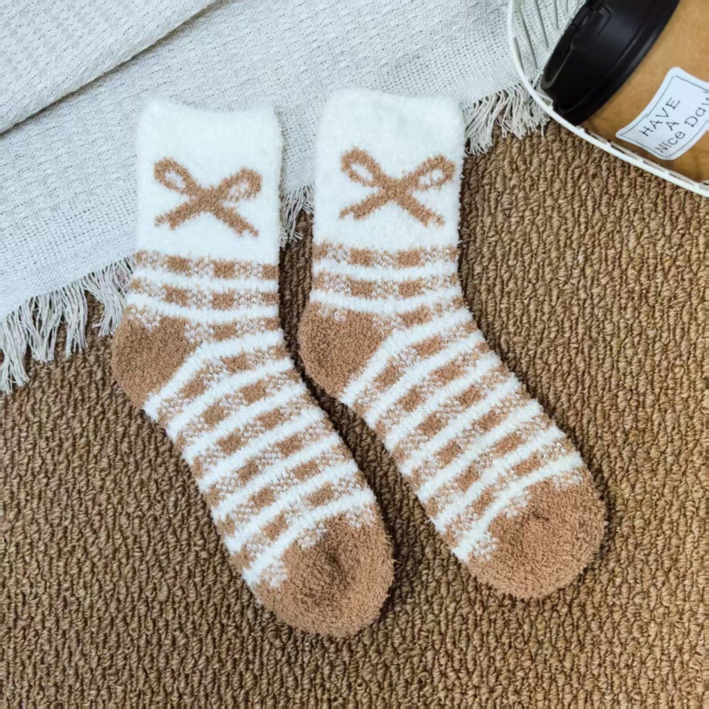 3-Pair Fuzzy Bow Knit Crew Socks Set with Plush Soft Texture, Stretchy Cozy Fabric, and Graphic Bow Pattern for Gifting