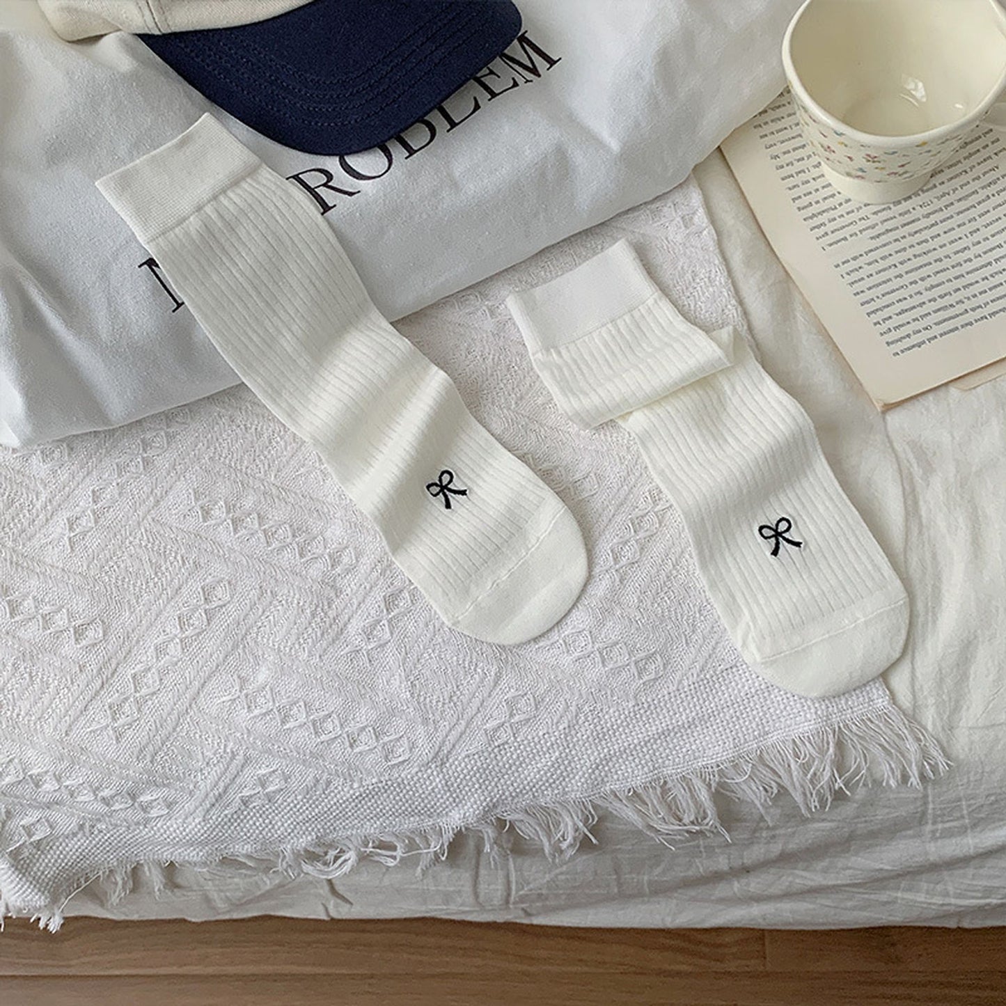 Ribbed Ankle Socks with Bow Embroidery 6Pk