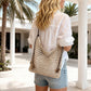 Crochet Shoulder Bag with Beaded Strap Tassel Drawstring Detail Lightweight Knit Hobo Handbag