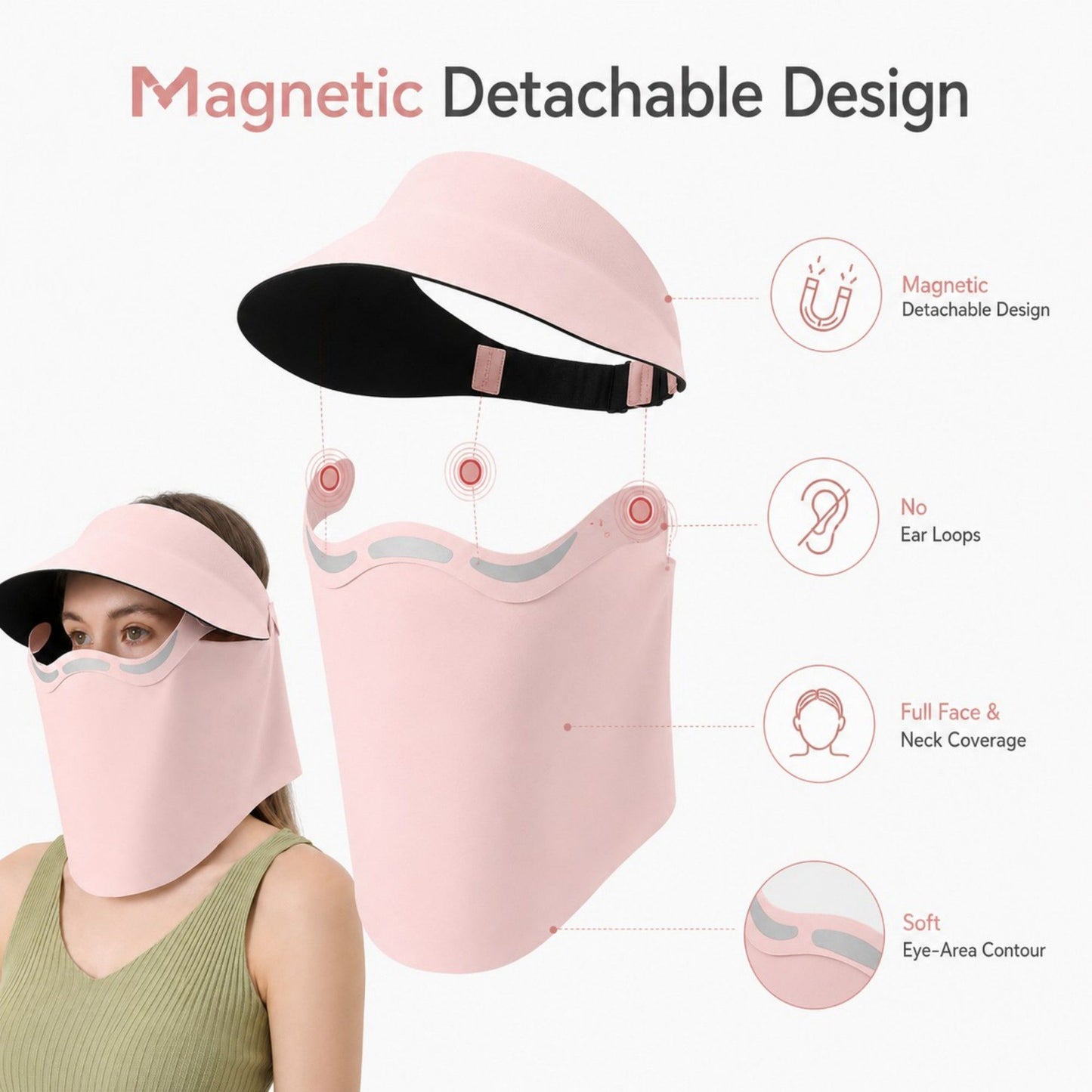 Magnetic Detachable Face Cover Visor Hat with Wide Brim and Neck Coverage