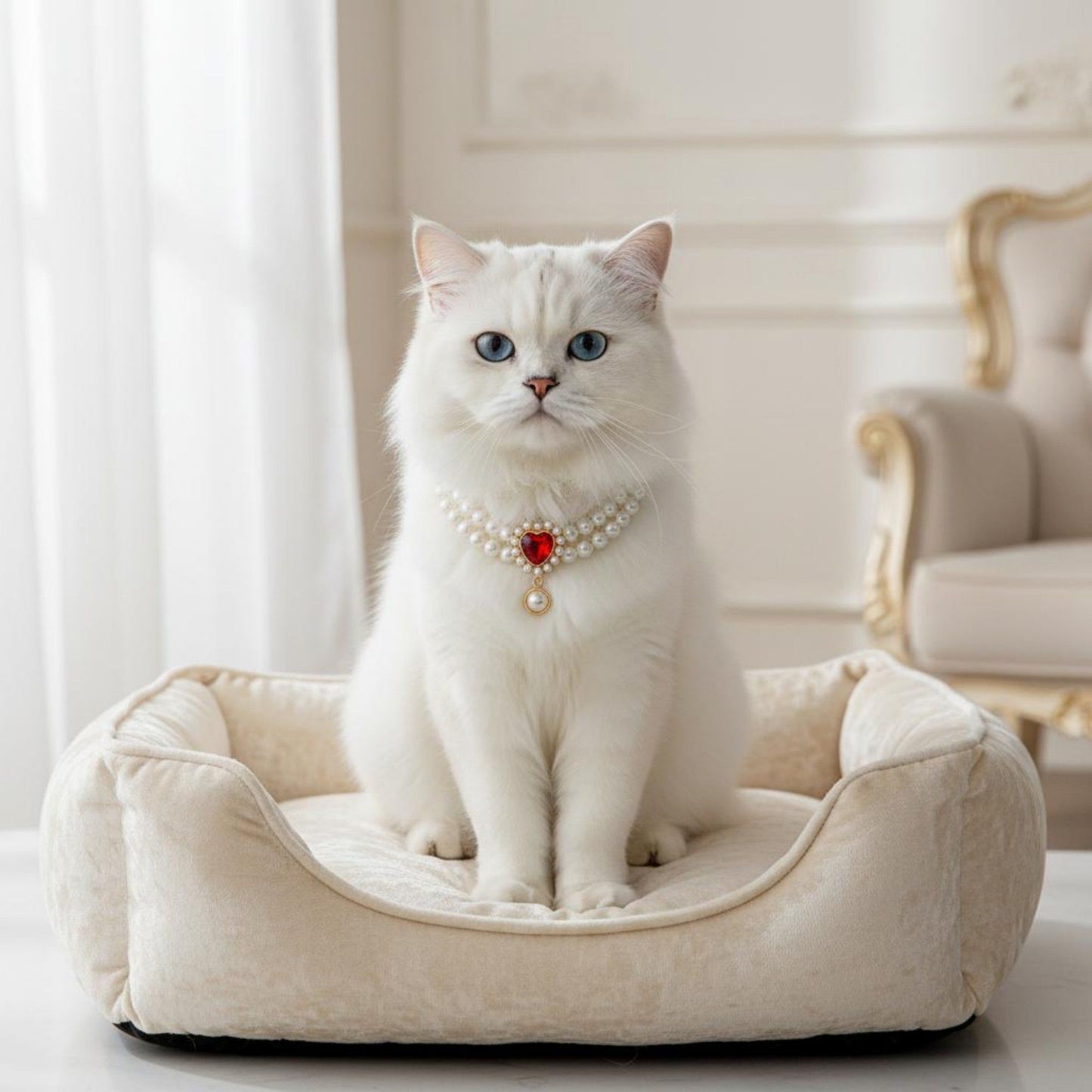 Double Strand Faux Pearl Pet Necklace Heart Gem Pendant Adjustable Collar Jewelry for Cats and Small Dogs