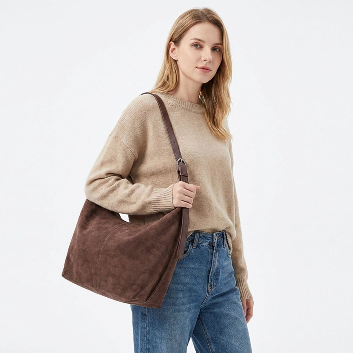 Slouchy Faux Suede Hobo Shoulder Bag with Zipper Closure and Adjustable Strap