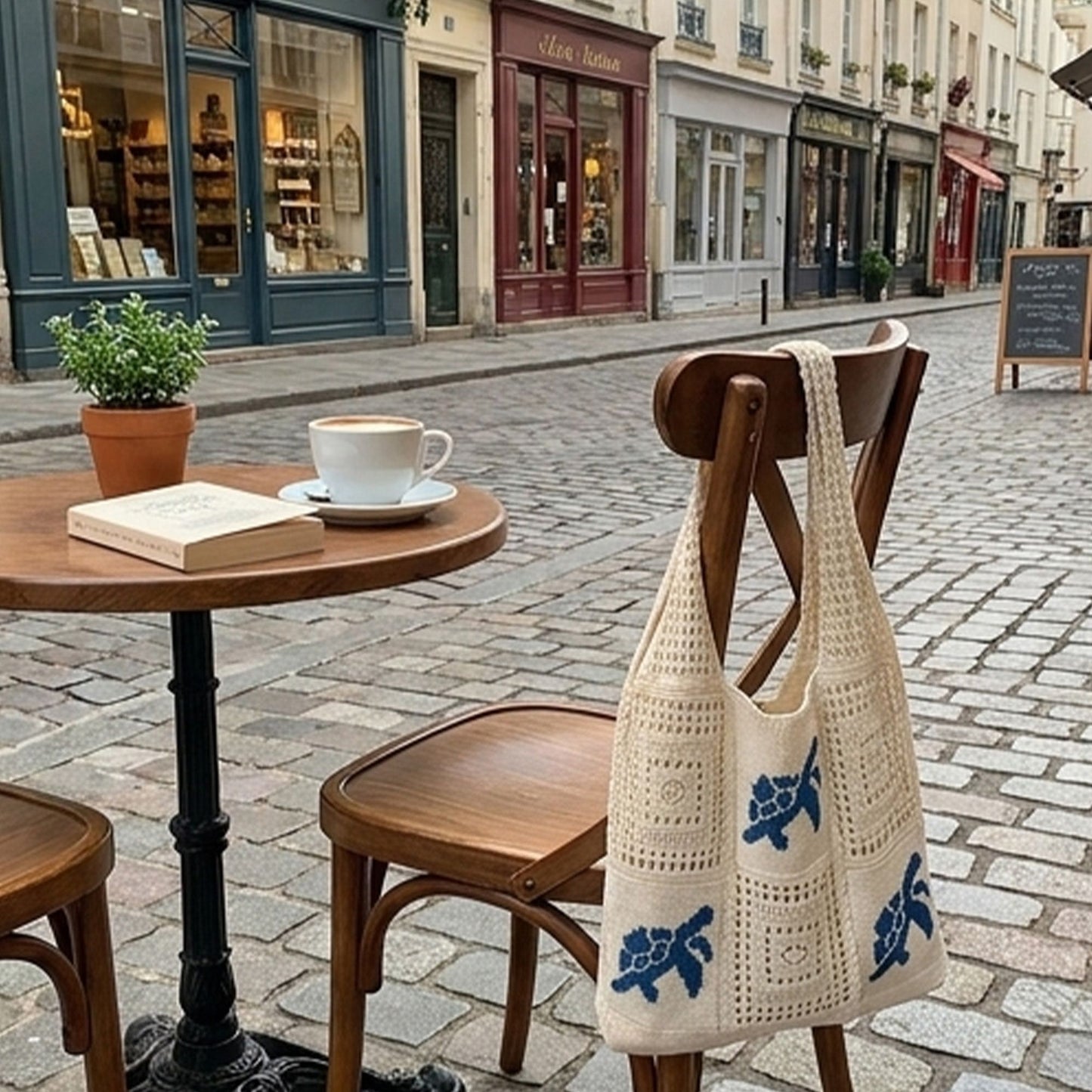 Knit Tote Bag Floral Pattern Shoulder Bag Open Top Casual Everyday Carry Handbag