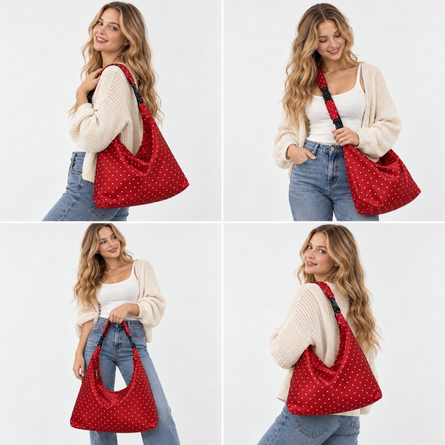 Large Nylon Polka Dot Shoulder Tote Bag