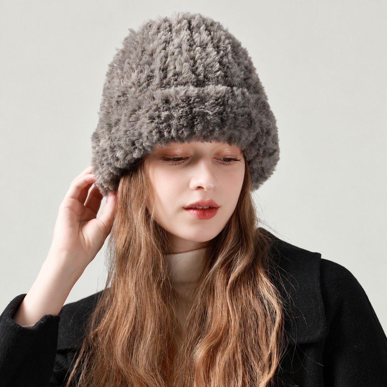 Fuzzy Knit Beanie Hat Soft Plush Cuffed Winter Cold Weather Cap