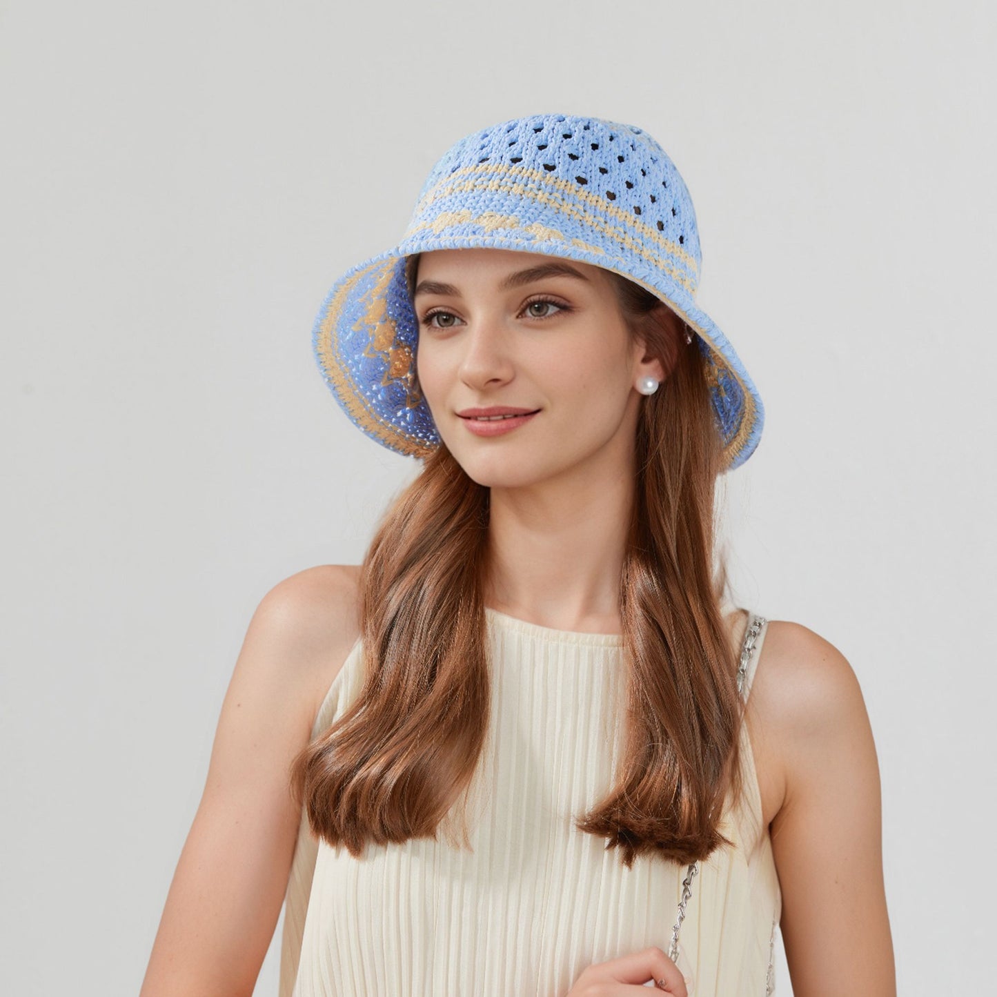 Crochet Knit Bucket Hat with Openwork Floral Pattern and Rolled Brim for Lightweight Summer Style