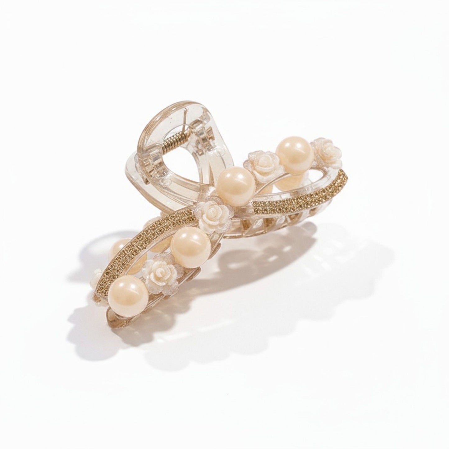 Beaded Flower Metal Hair Claw Clip with Curved Design and Textured Accents
