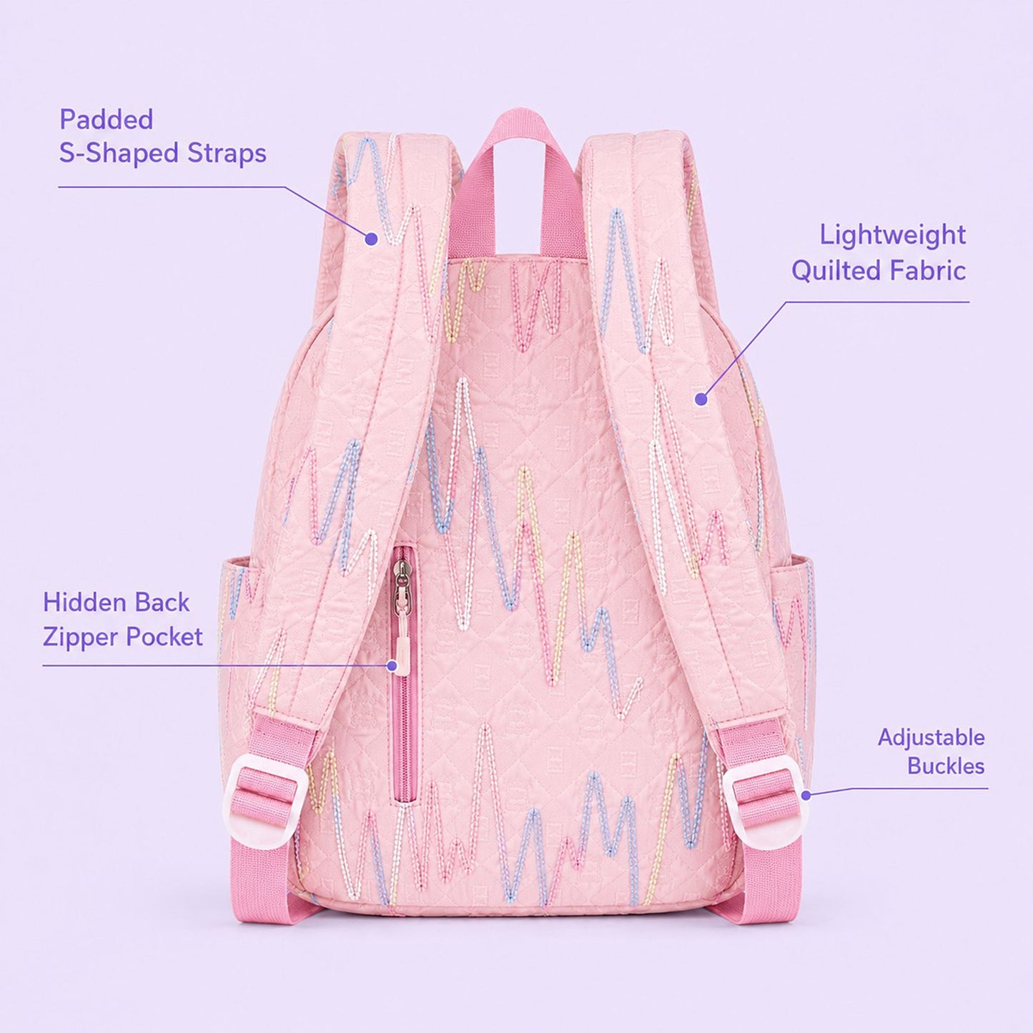 Quilted Backpack with Embroidered Pattern and Multiple Pockets