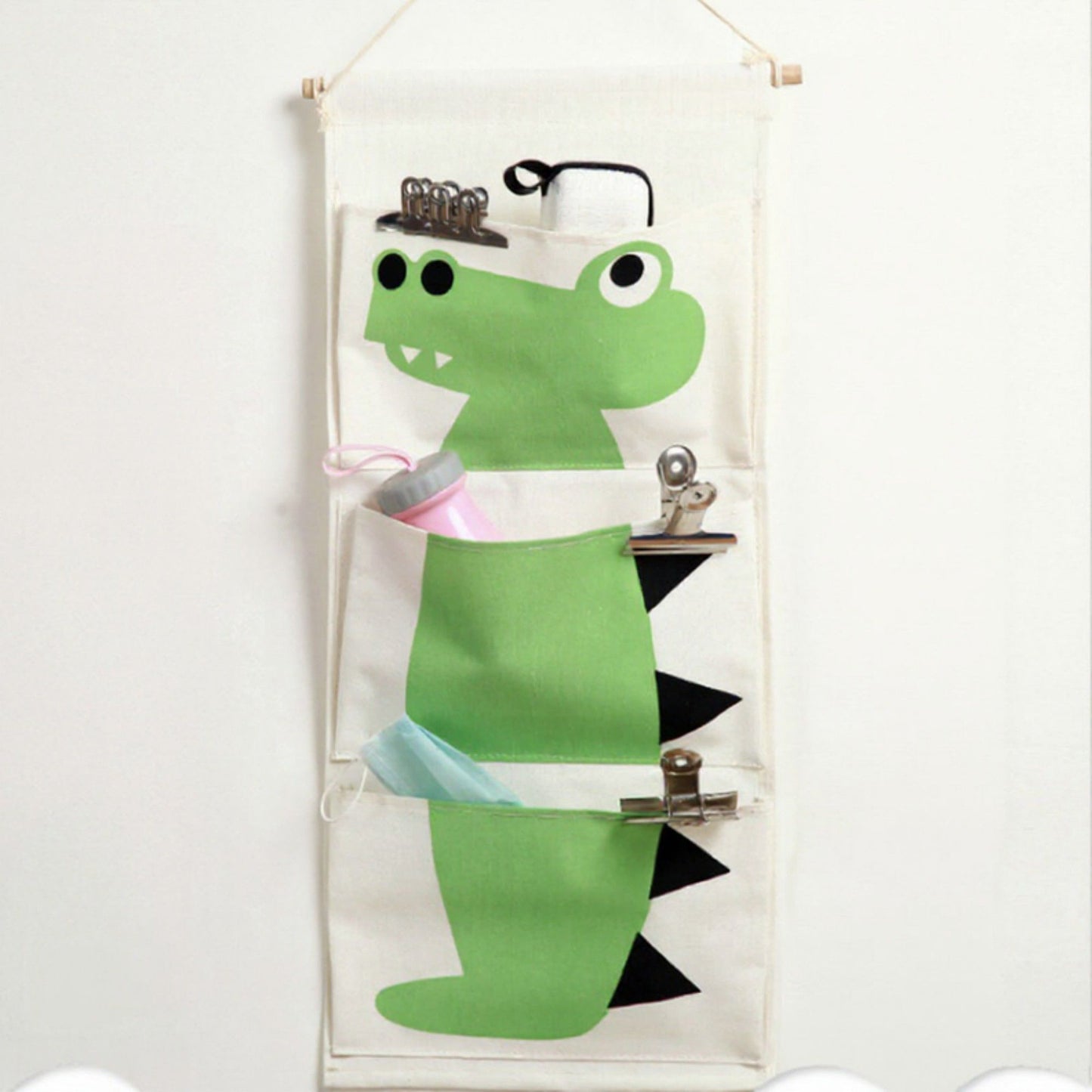 Hanging Canvas Storage Organizer with Cartoon Crocodile Design and Three Pockets 25.5x11.8 in