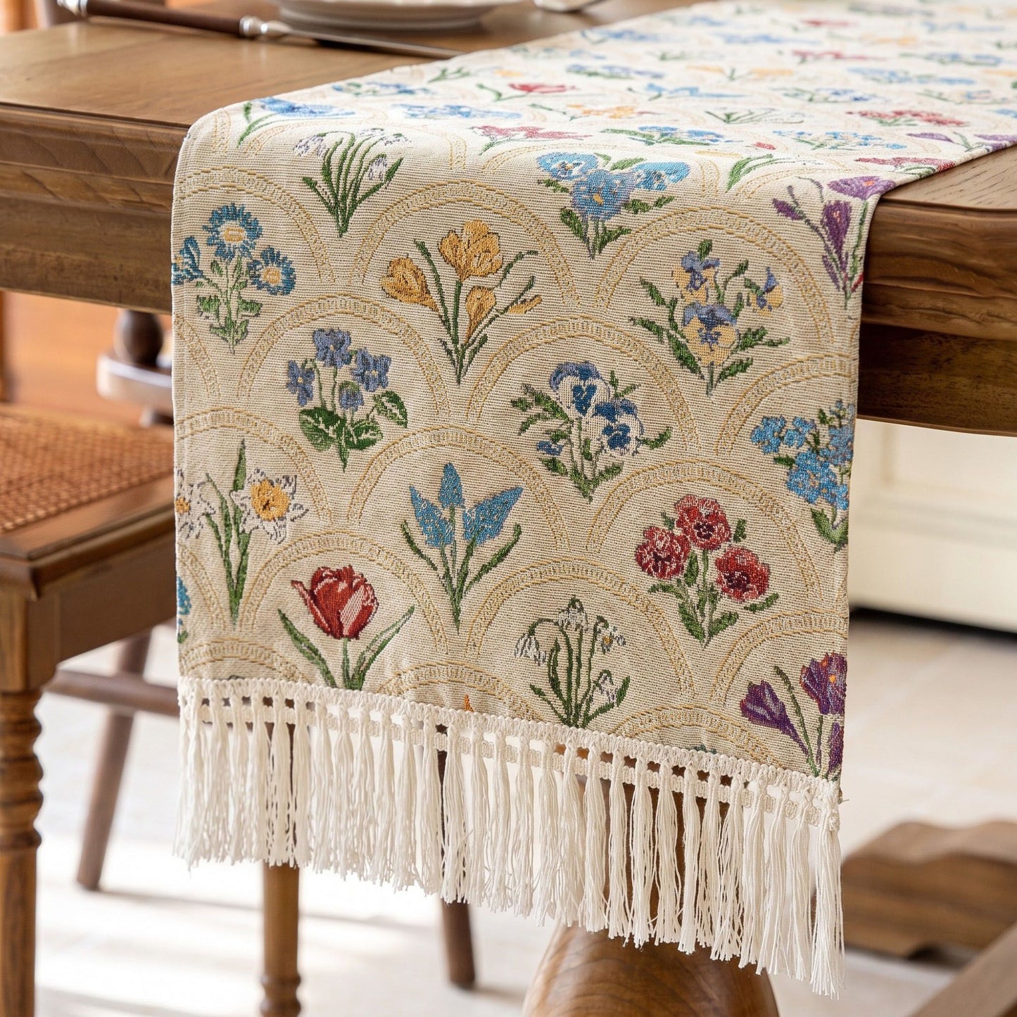 Beige Multicolor Floral Woven Table Runner with Tassel Fringe 13.8x47.2in