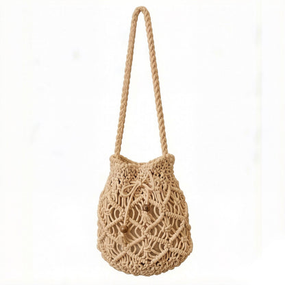 Open Knit Crochet Shoulder Bag with Drawstring Closure Lightweight Handwoven Mesh Tote Handbag