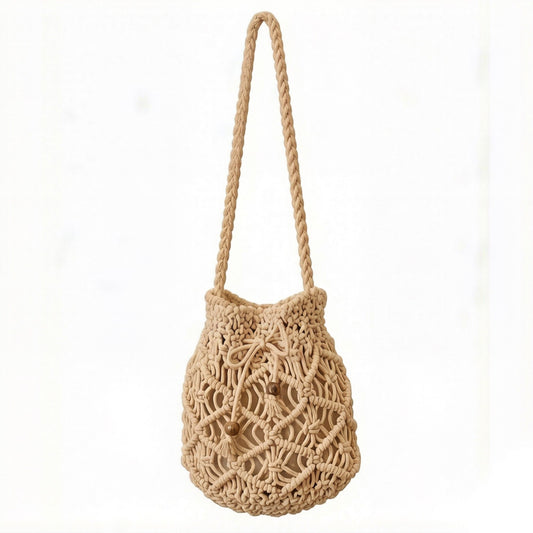Open Knit Crochet Shoulder Bag with Drawstring Closure Lightweight Handwoven Mesh Tote Handbag