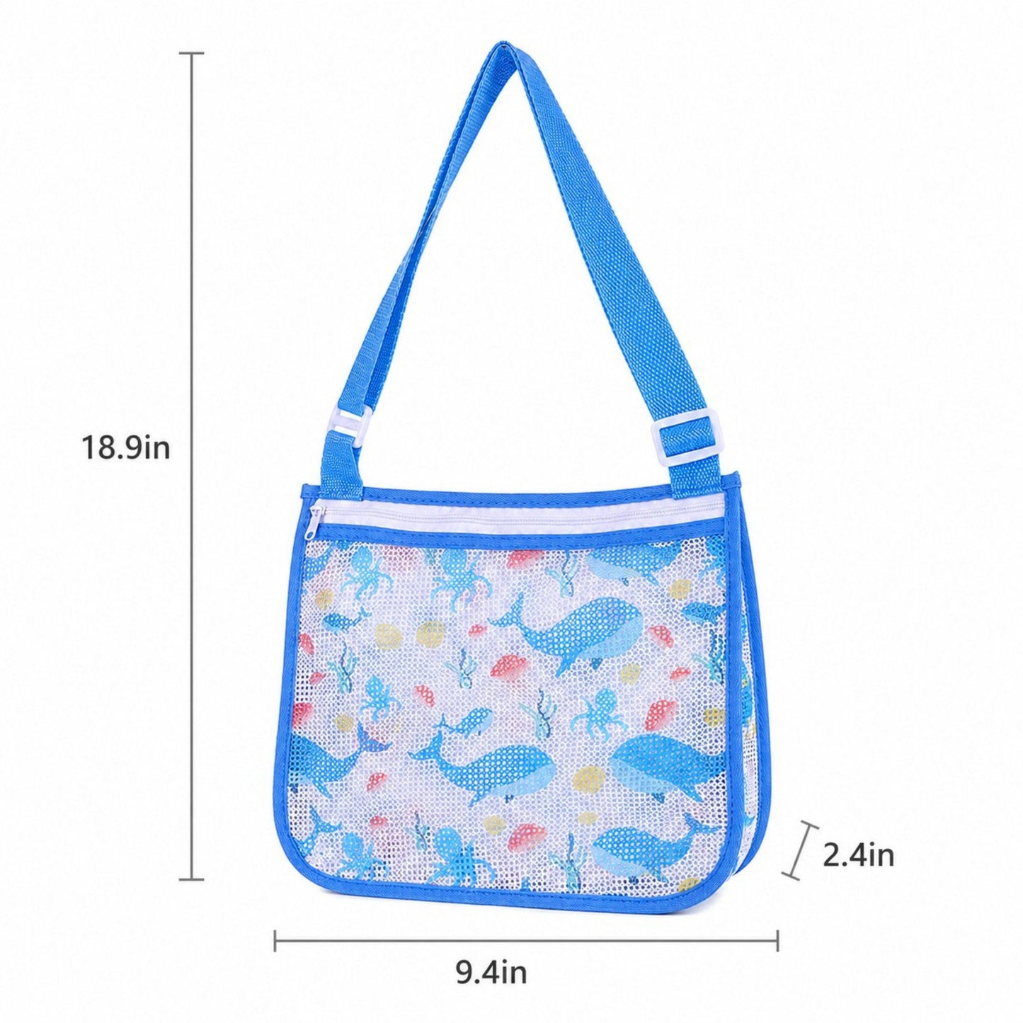 Printed Mesh Beach Shoulder Bag with Adjustable Strap Zip Top Lightweight See Through Tote for Pool