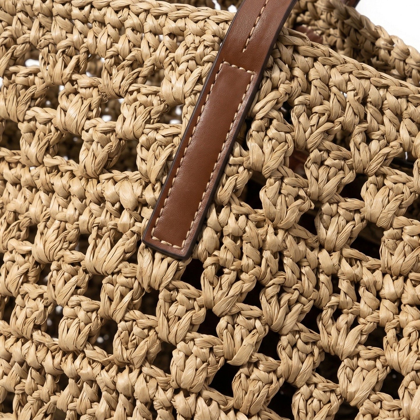Woven Crochet Tote Bag with Leather Shoulder Straps Large Capacity Knit Handbag Lightweight Open Weave Tote