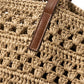 Woven Crochet Tote Bag with Leather Shoulder Straps Large Capacity Knit Handbag Lightweight Open Weave Tote