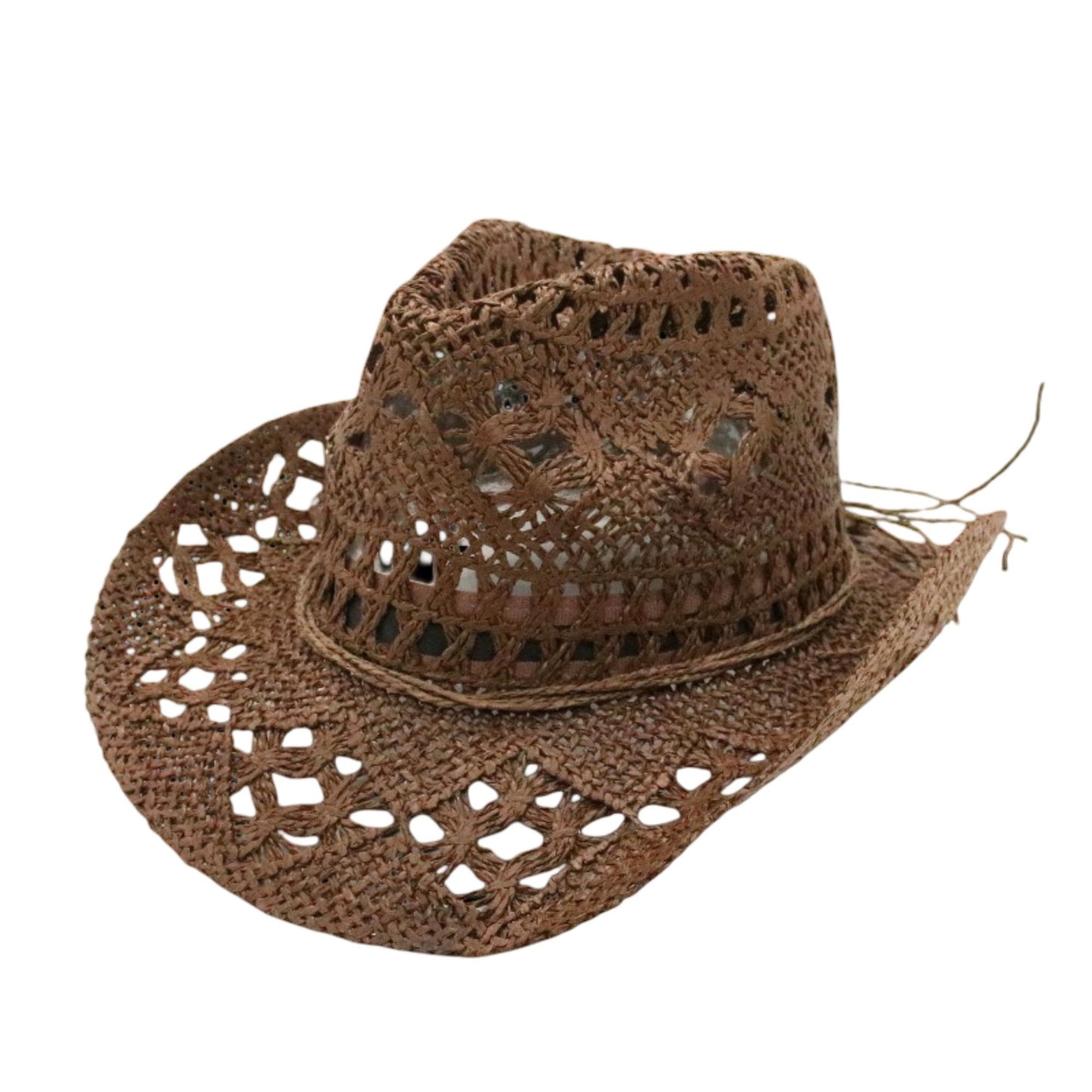Open Weave Western Sun Hat with Wide Brim and Boho Floral Pattern