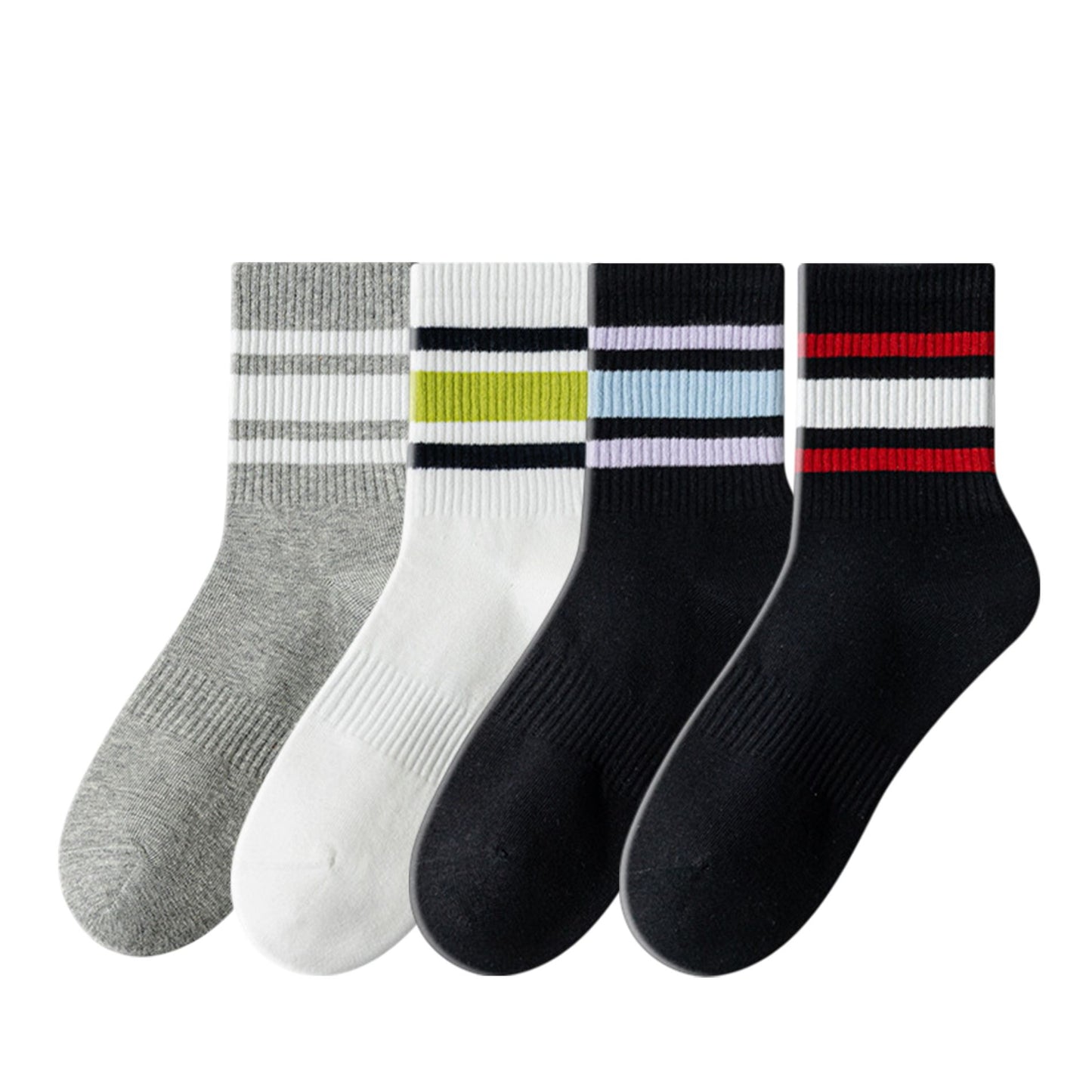 Crew Socks 4-Pack White Base Colorful Ribbed Cuff Striped Design Stretch Comfort Breathable Fit