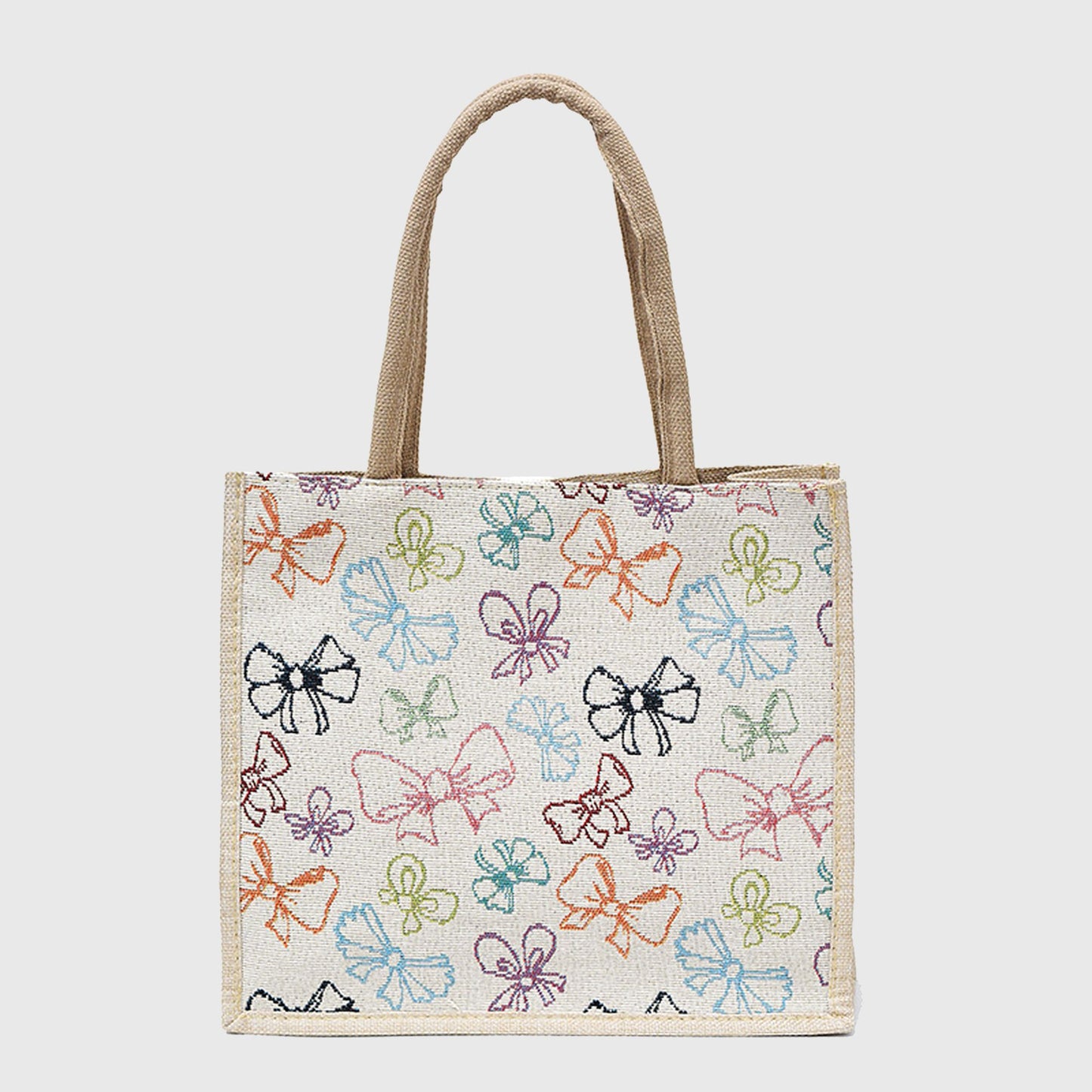 Canvas Tote Bag with Colorful Bow Print - Lightweight Shopping Handbag