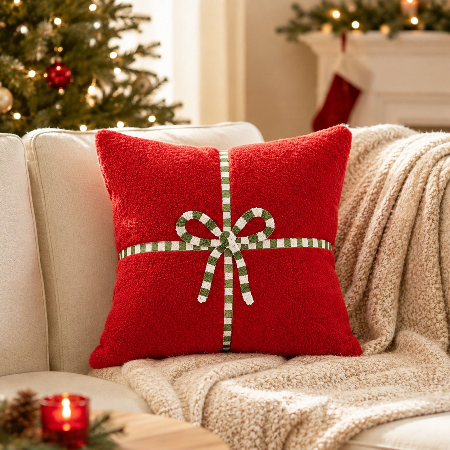 Christmas Bow Throw Pillow Cover Square Plush Decorative Cushion Cover