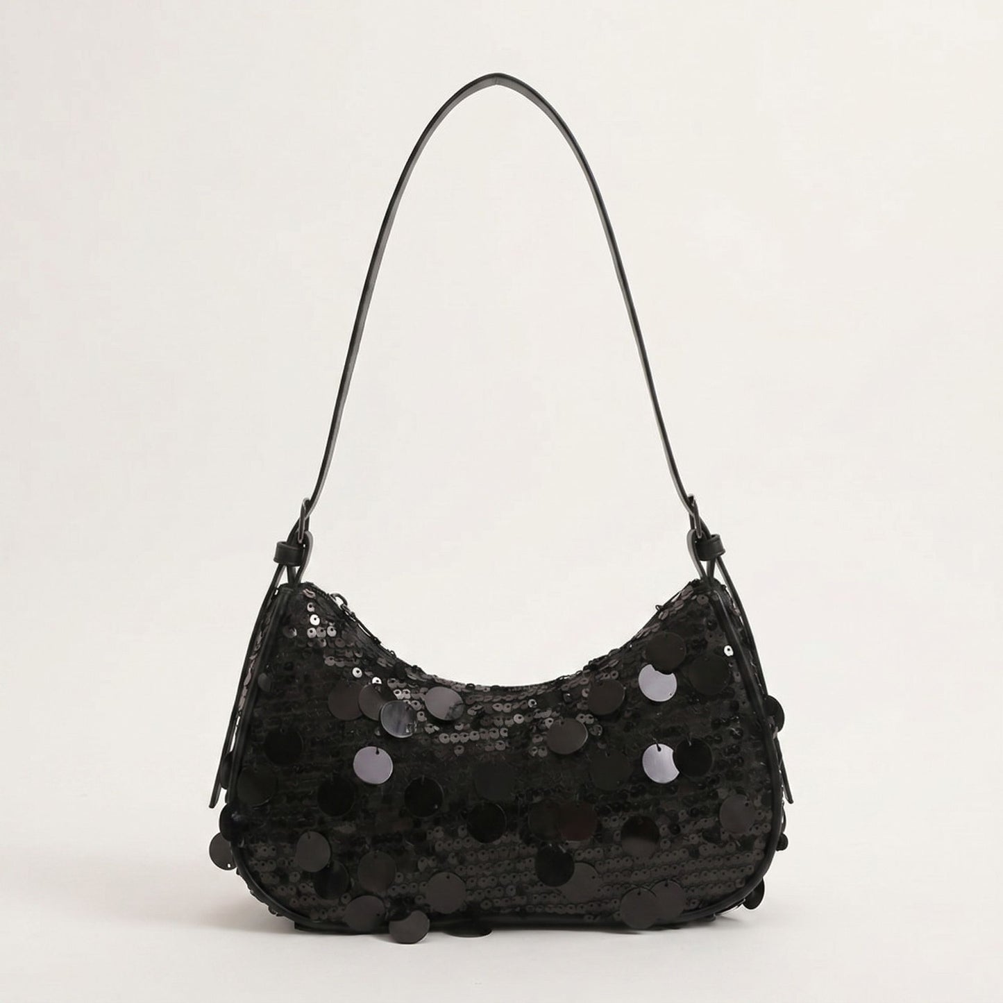 Sequin Crescent Shoulder Bag with Disc Paillette Details and Slim Strap