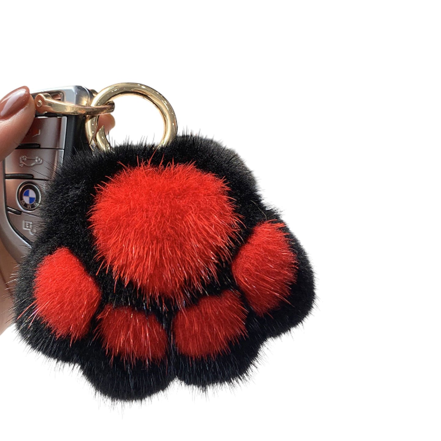 2-PC Plush Paw Print Faux Fur Keychain with Metal Clip